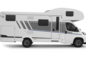 Carado motorhome, side view of a cab-over model in white with door, windows and grey graphics