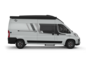 Camper van Carado bianco in vista laterale, con porta scorrevole, finestrino laterale e tetto a soffietto nero