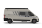 Camper van Carado in vista laterale, furgone bianco con tendalino e finestra laterale