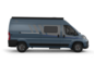 Camper van Carado blu in vista laterale con porta scorrevole, finestrino laterale e tendalino