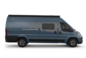Camper van Carado blu in vista laterale con porta scorrevole, finestrino laterale e tenda da sole