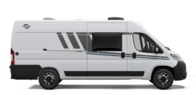 White Carado camper van seen from the side, with sliding door, side window and black decorative stripes