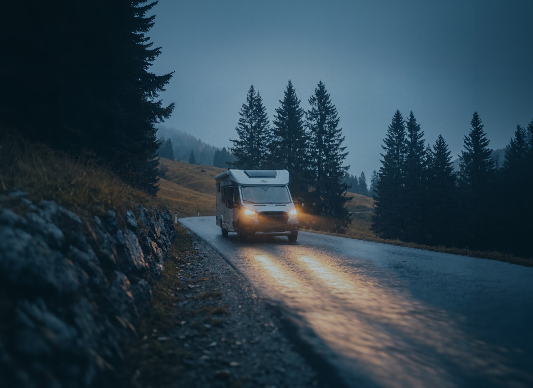 Carado camper op een natte bergweg in de schemering, van voren gezien met de lichten aan tussen de sparren