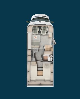 Plattegrond van de Carado camper met zithoek, keuken, badkamer en achterbed in bovenaanzicht