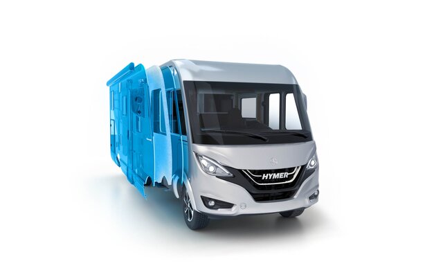 Aufbau der PUAL-geschäumten Außenwand mit Aluminium-Innen- und –Außenhaut des HYMER-Reisemobils in 3D-Optik