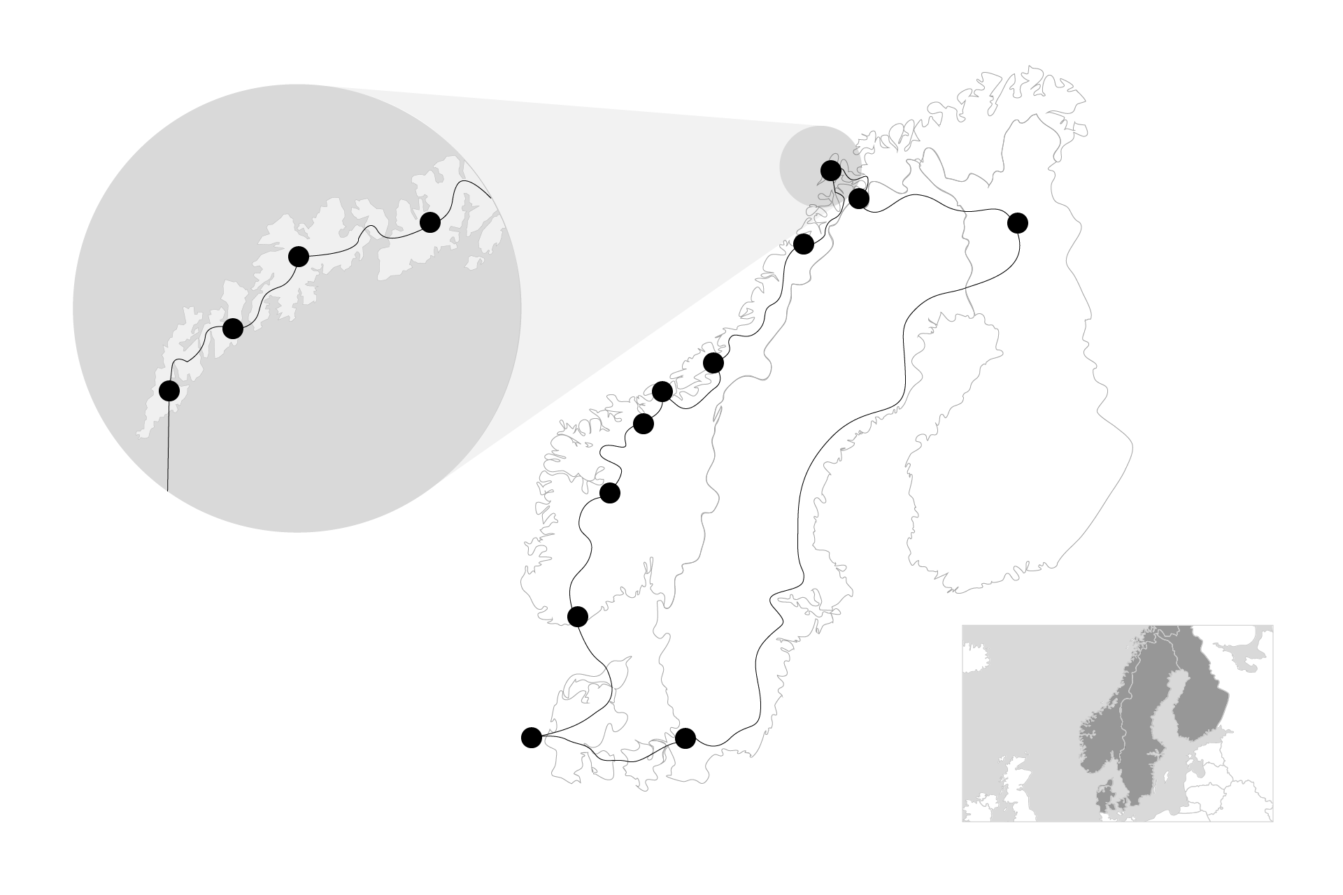 Reiseskisse som viser en reiserute i Norge med punkter og forbindelseslinjer
